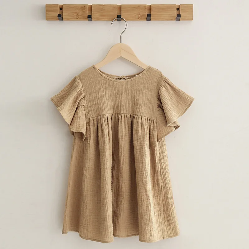 2026 Neues Kleidungsdesign für Kleine Mädchen Sommer Lässige Kinderkleidung Einfarbiger Baumwoll-Leinen-Rock Kleider für 12 Monate bis 7 Jahre – Detail 5