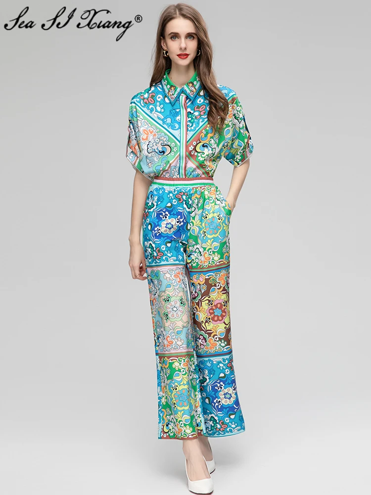 

Seasixiang Fashion Designer Early Autumn Set Women Beading Half Sleeve Tops + Pockets Wide Leg Pants Flowers Print Vintage Set