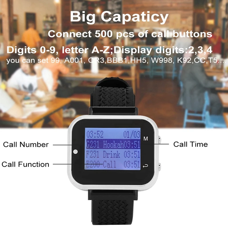 GO-Wireless Calling System 5 Table Call Button Transmitters 1 Watch Pager, Restaurant Waiter Service Bell Buzzer