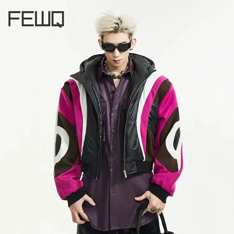

FEWQ Men's Hooded Cotton Jacket Highend Winter Fashion Designer 2024 High Street Contrast Color Male Tops With Hat 24X4394