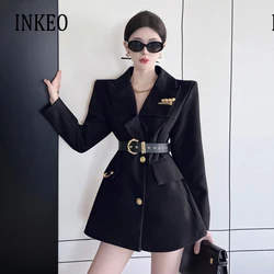Korean Fashion Women 2 Piece set 2023 Newest Metal buttons Notched collar blazer with belt And shorts Black OL Suit INKEO 3O032