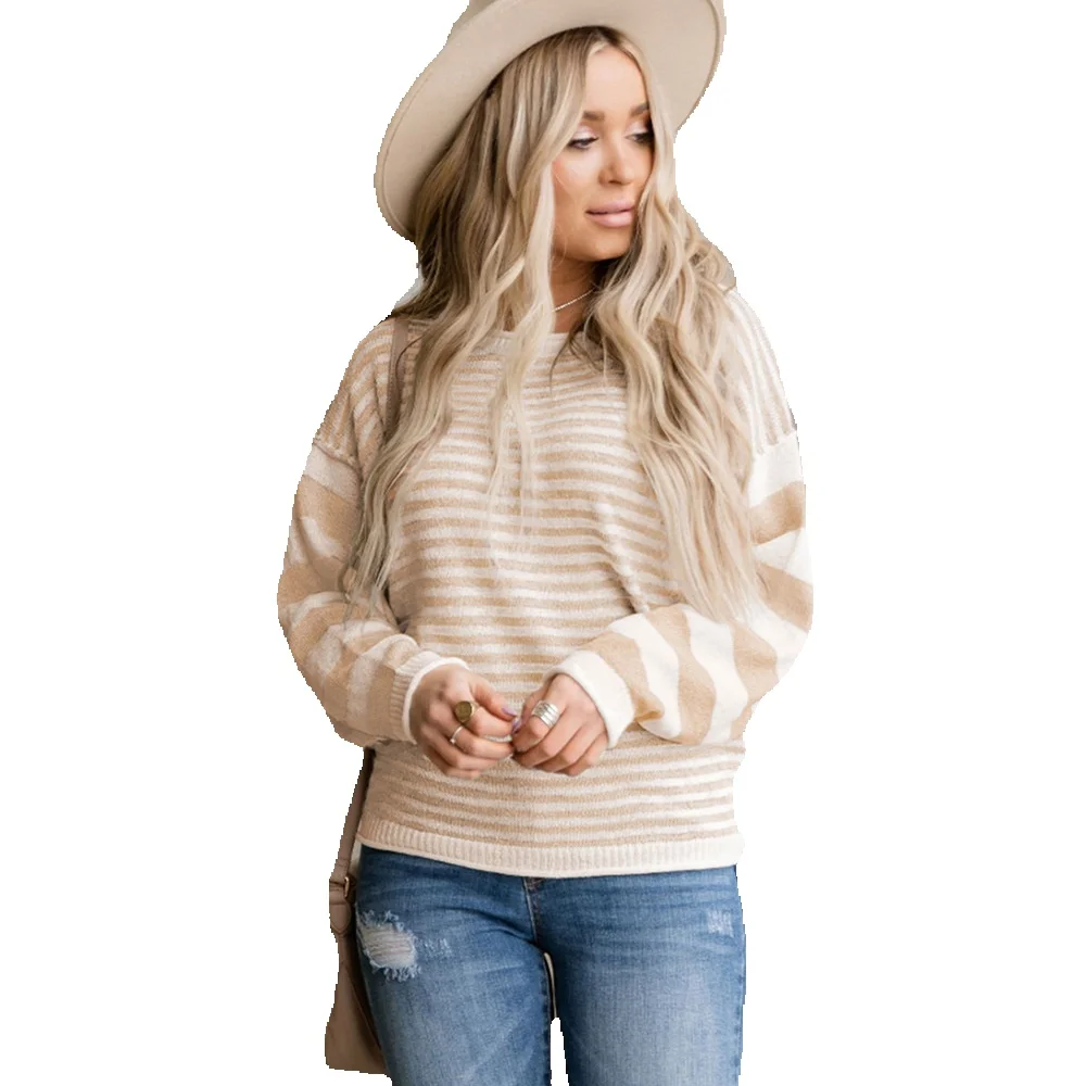 

Shiying Winter New Stripe Shoulder Drop Sweater Women's Casual Loose Round Neck 2722347