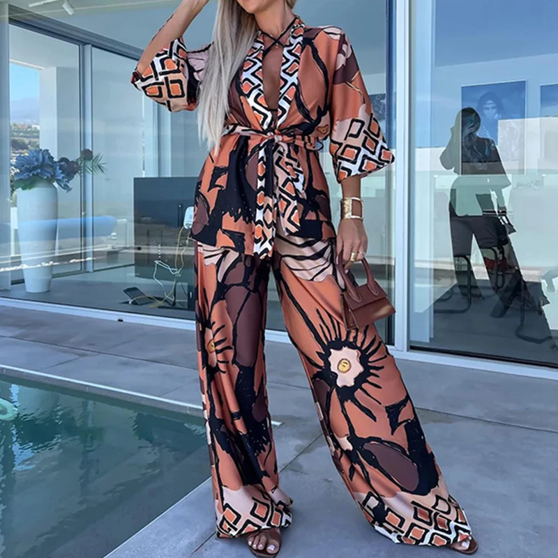 

Spring Printed Shirt Trousers Suit Woman Chic Lapel Top Elastic Waist Pants Suits Women Outfit 2024 Fashion New Lady 2 Piece Set