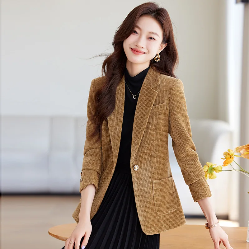 Spring Autumn Women Fashion Slim Gold velvet Long-sleeved Suit Jacket Commuting Business Casual Blazer coat