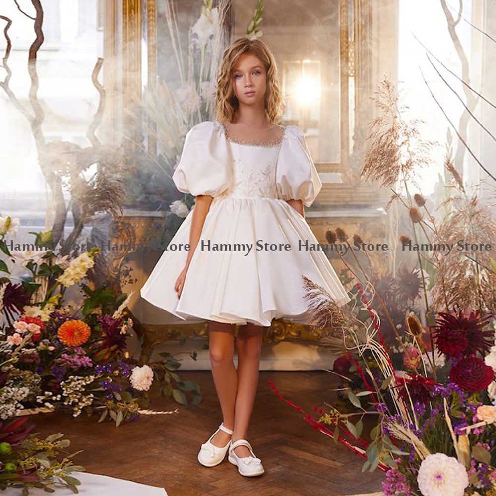 

Ivory Princess Flower Girl Dress Scoop Neck Sequin Applique Satin Kids Wedding Party Dresses Chidlren First Communion Gown
