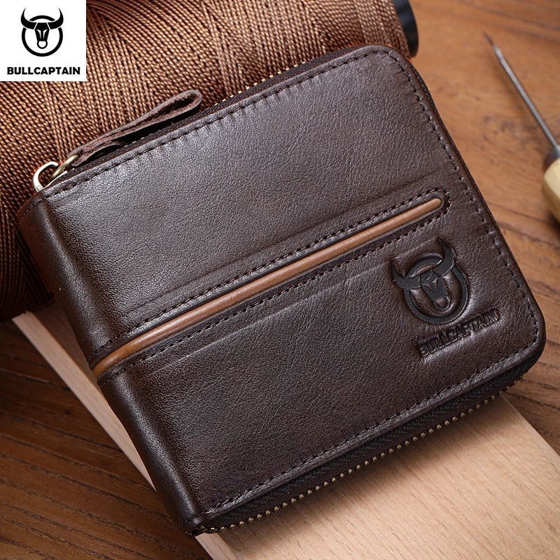 Bullcaptain Retro RFID Anti-Theft Leather Men's Wallet with Zipper Compartment and Credit Card Holder