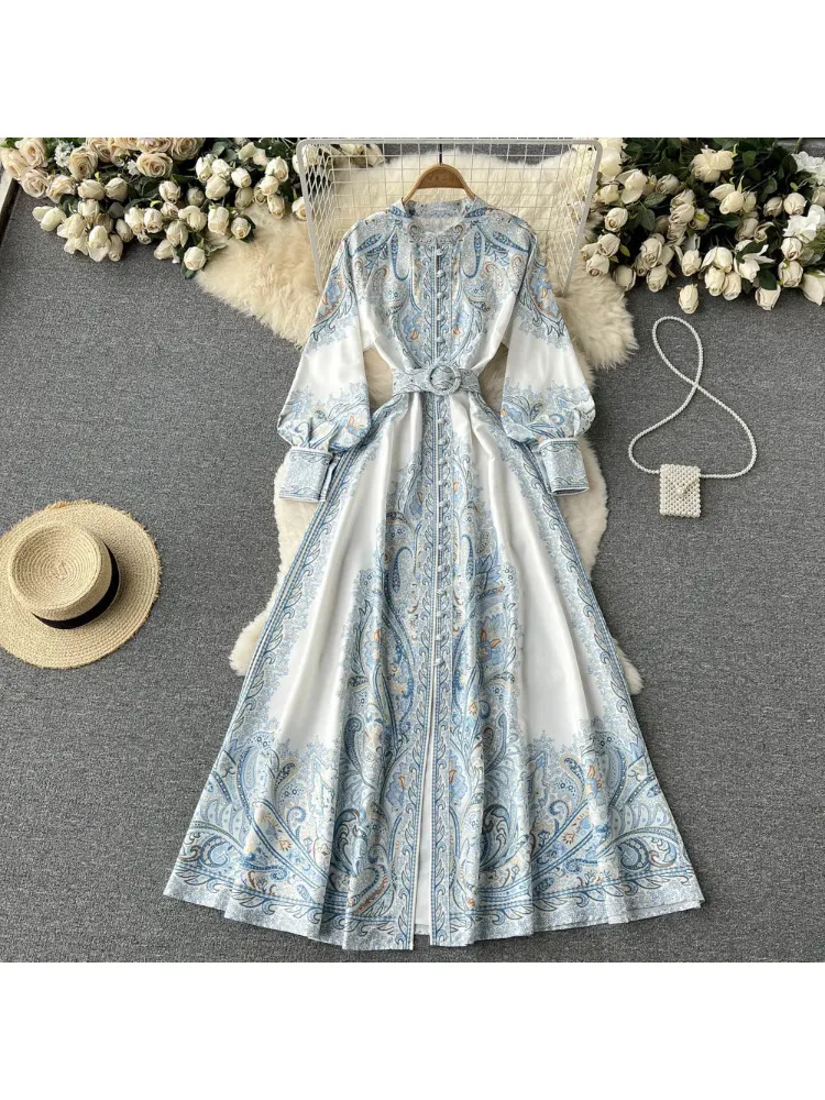 

2023 New Retro Women Spring Autumn Court Elegant Printing Single Breasted Thin A-line Dress Fashion Long Sleeve Vintage Vestidos