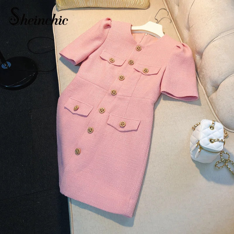

Luxury Designer Summer Clothes for Women 2022 Korean Fashion Pink Mini Dress Elegant O-neck Single Breasted Slim Dresses