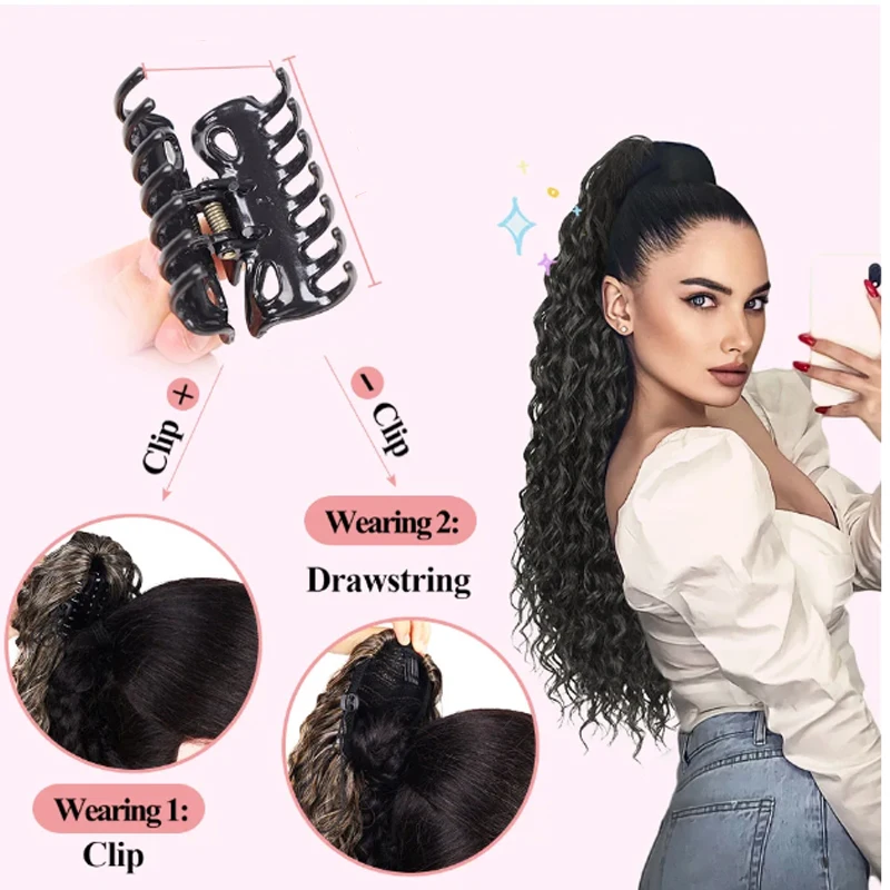 26Inch Synthetic  Long Wavy Curly Ponytail Claw Clip in Hair Extension Bouncy Curls  Hairpiece for Women Daily Use