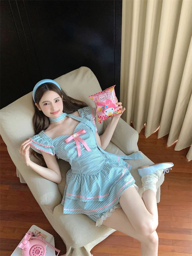 

Летняя одежда Y2k, женское летнее синее платье в полоску с летящим рукавом, милое пушистое короткое платье-трапеция контрастных цветов с бантом, мини-платье