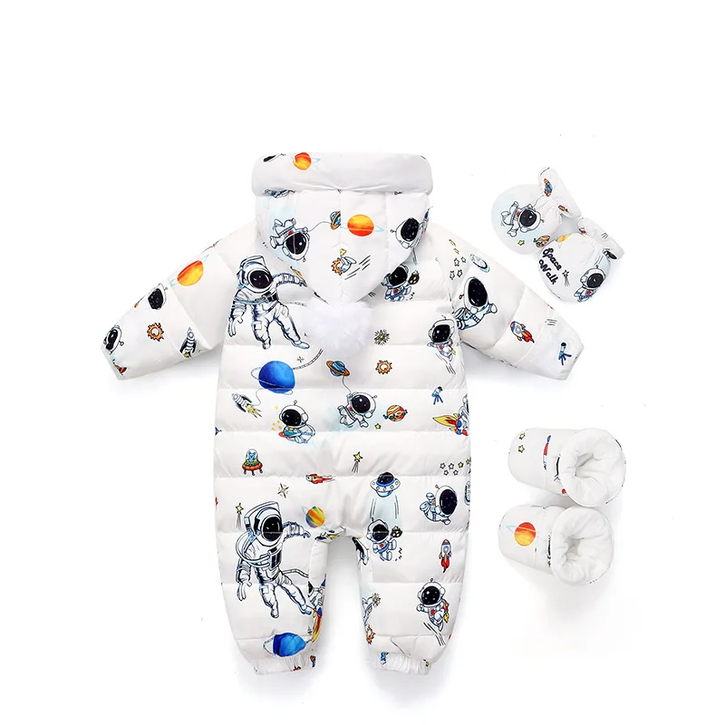 Clibeso Winter Overalls for Newborn Baby Thick Down Jacket Boys Girls Romper Infant Astronaut Cartoon Pattern Jumpsuit
