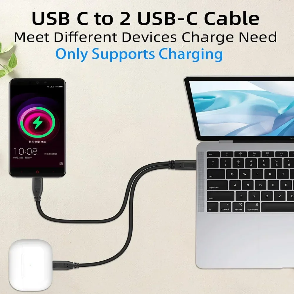 Compact Dual Output USB-C Charging Splitter Cable, 20cm