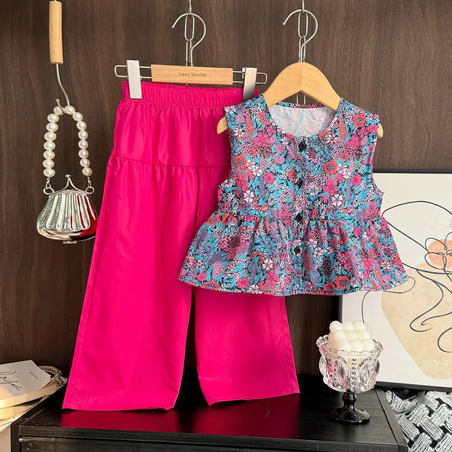 Summer Fashion Girls Clothing 3-7 Years Old Flower Printed Sleeveless Tops and Wide Leg Pants Two-piece Set Casual Girls Clothes 1