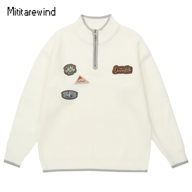 

Spring Autumn Japanese Couple Pullover Sweater Harajuku Hip Hop Streetwear Patch Design Half Zipper Stand Collar Knitted Sweater