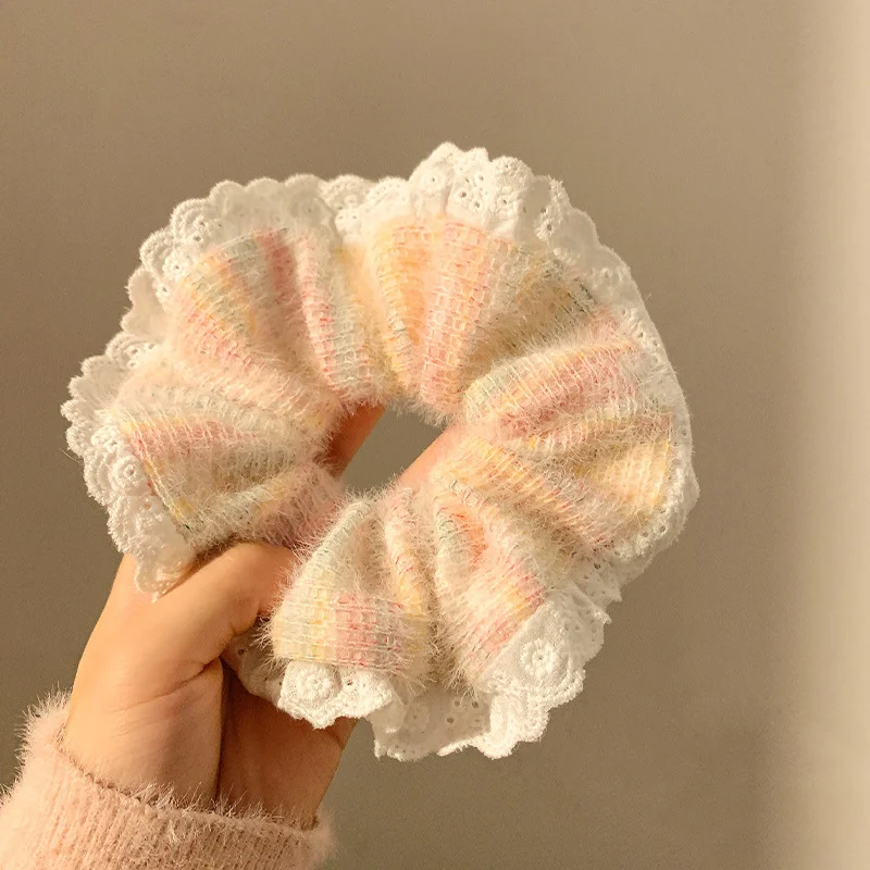 Fashionable Lace Large Iintestine Hair Ropes Colorful Wool Knitted Hair Tie High Elastic Rubber Band Women's Hair Accessories