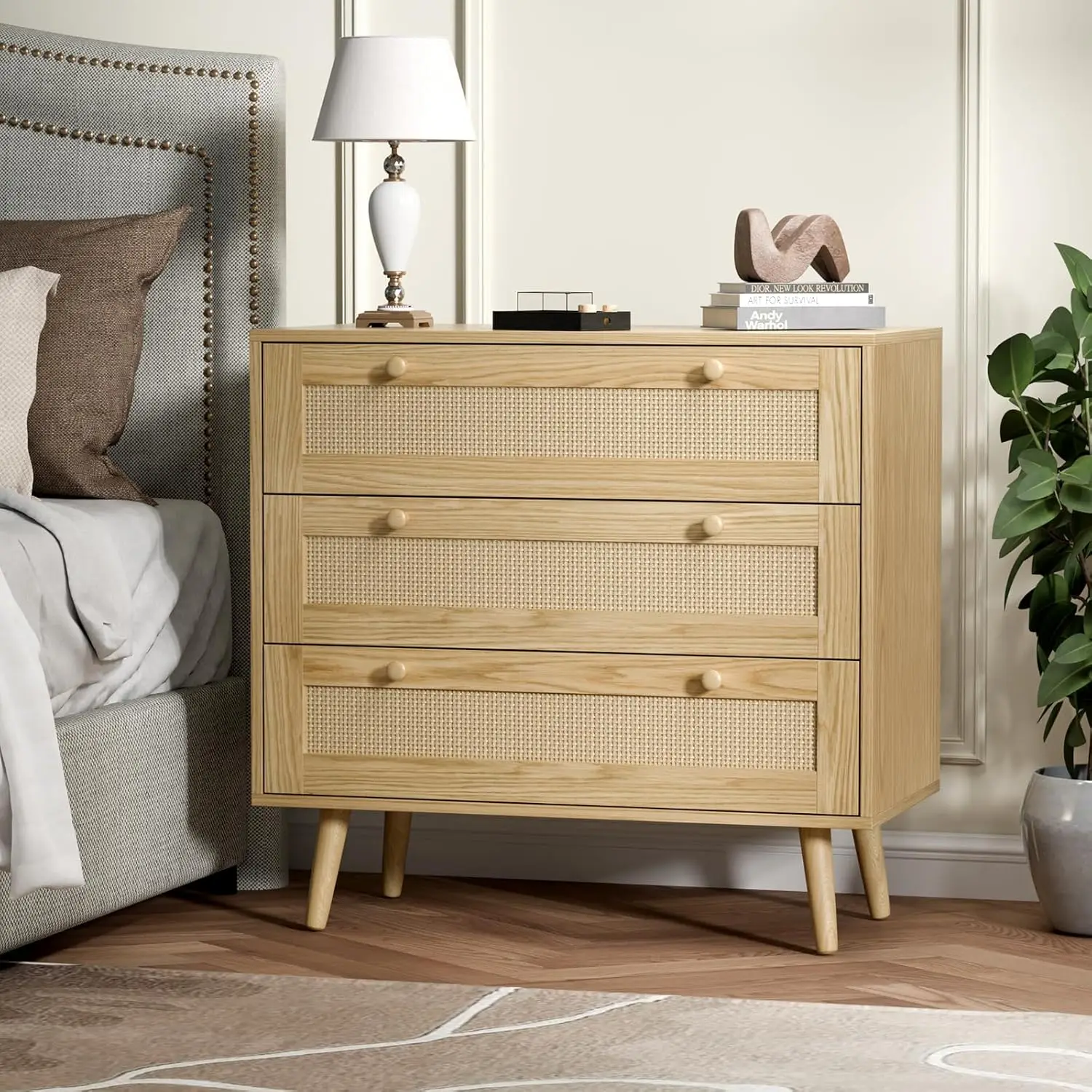 3 drawer rattan dresser for bedroom modern wooden chest with handles