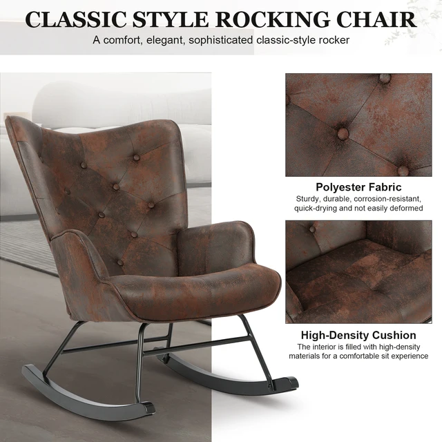 Rocker Glider Chair Modern Rocking Chair with Wooden Base High Backrest and Armrests Padded Seat Comfy Upholstered Chair 5