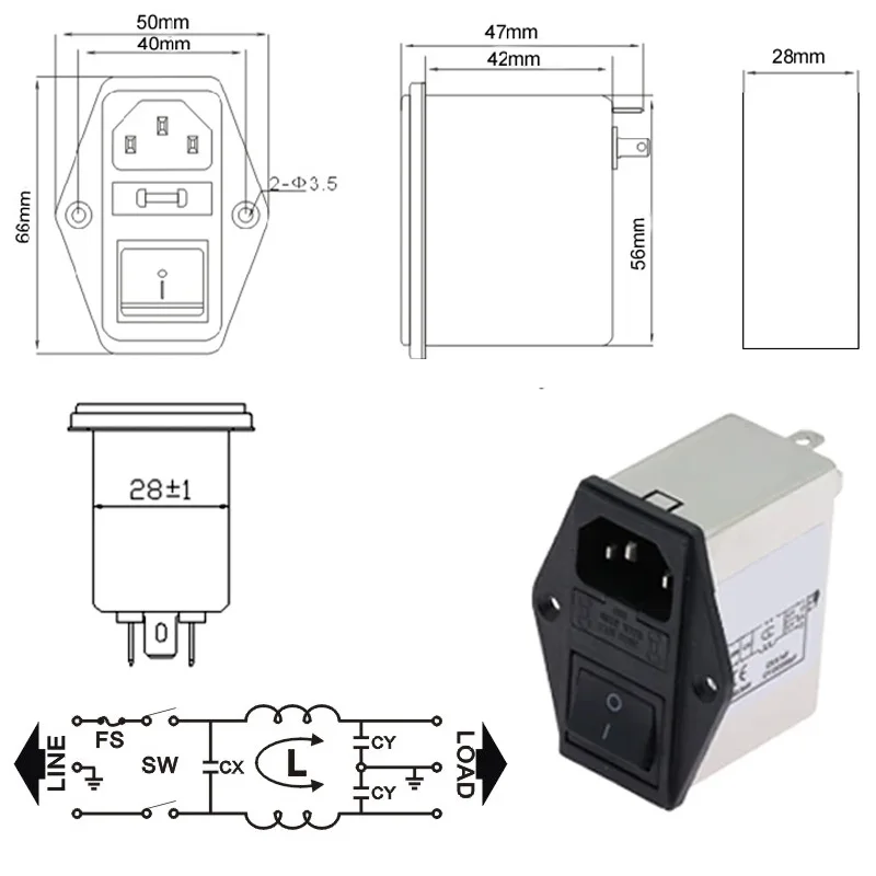 IEC320 C13 C14 anti-interference fused filter socket CW 3A 6A 10A EMI power purifier switch socket game player speaker