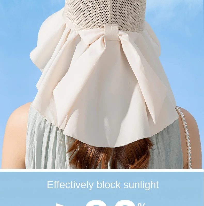 Sommerhut für Damen, mit Schal, leicht, atmungsaktiv, Netzstoff, Gesichts- und Nackenschutz, Sonnenhut mit Schleife, Falten-Design, für Reisen und Strand_voghion.com