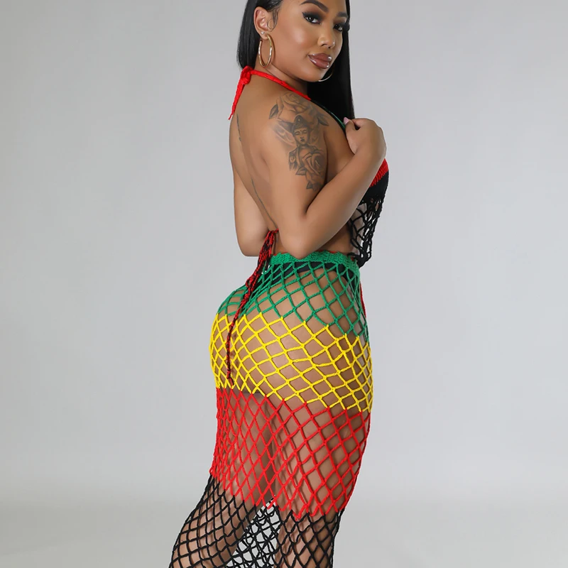 SKMY 2023 European and American women's best friend long woven colorful tassel beach skirt sexy hollow out dress perspective