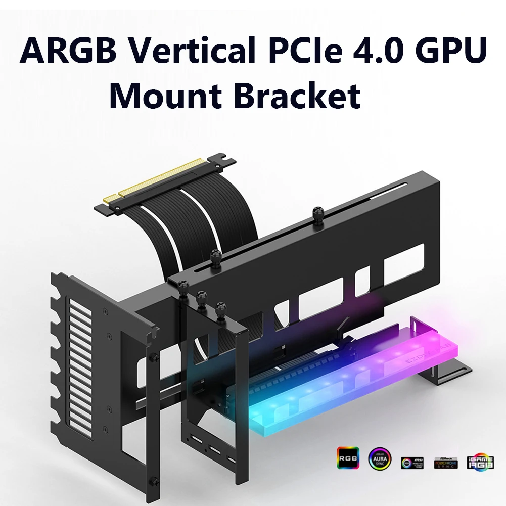 수직 거치대 RGB 라이트 그래픽 카드 브래킷, PCI-E 4.0 X16 어댑터 케이블 포함, ATX 케이스 컴퓨터 액세서리용 5V 3 핀 ARGB