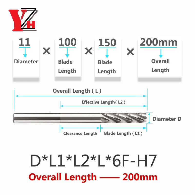 YZH 200mm Carbide Machine Reamer Extended HRC50 Uncoated Spiral Groove Tolerance H7 Harened Steel Metal Cutter CNC Turning Hole