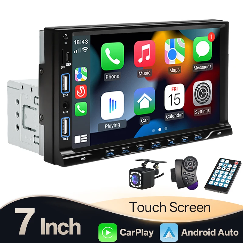 7" Car Radio 1 Din Carplay Android Auto MP5 Multimedia Bluetooth Player Dual USB