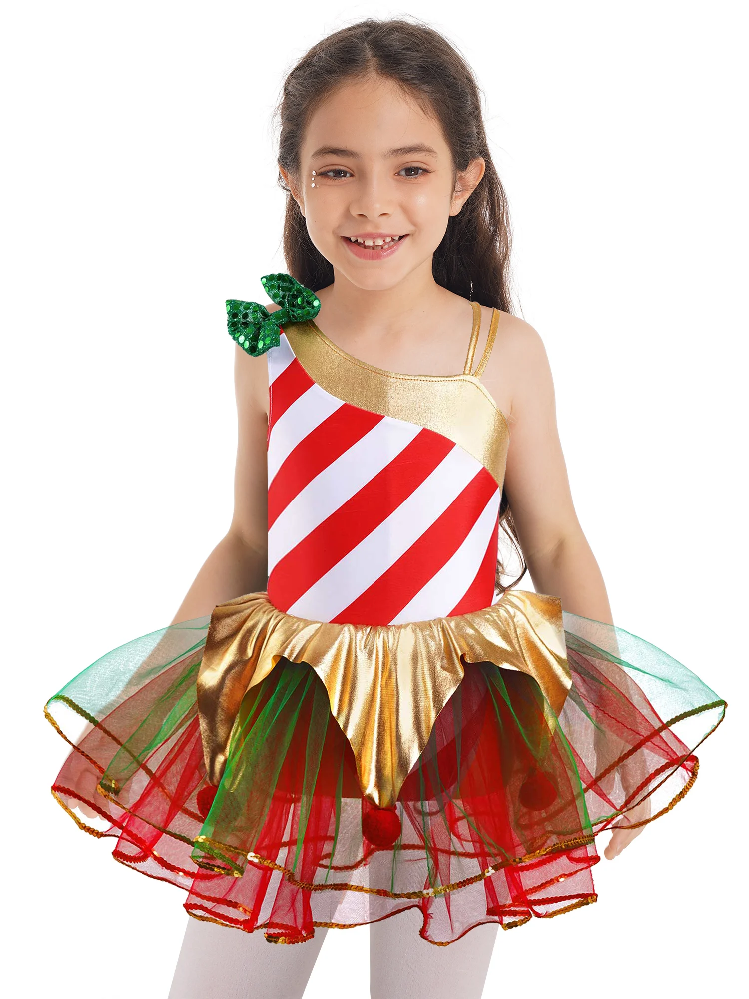 

Kids Girls Christmas Ballet Dance Tutu Dress Stripe Candy Cane Xmas Elf Santa Cosplay Stage Performance Costume Dancewear