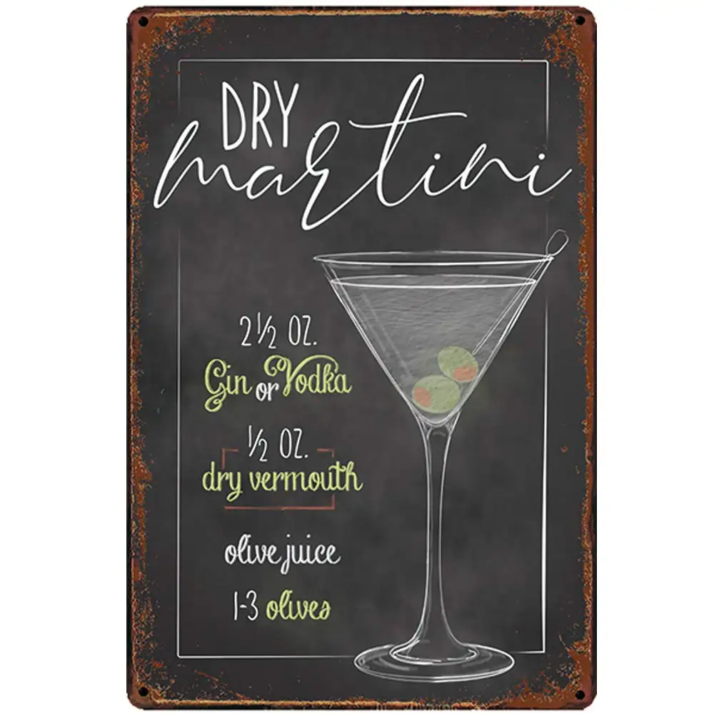 

Vintage Design Dry Martili Cocktail Recipe Tin Metal Signs Wall Art | Thick Tinplate Print Poster Wall Decoration for Bar