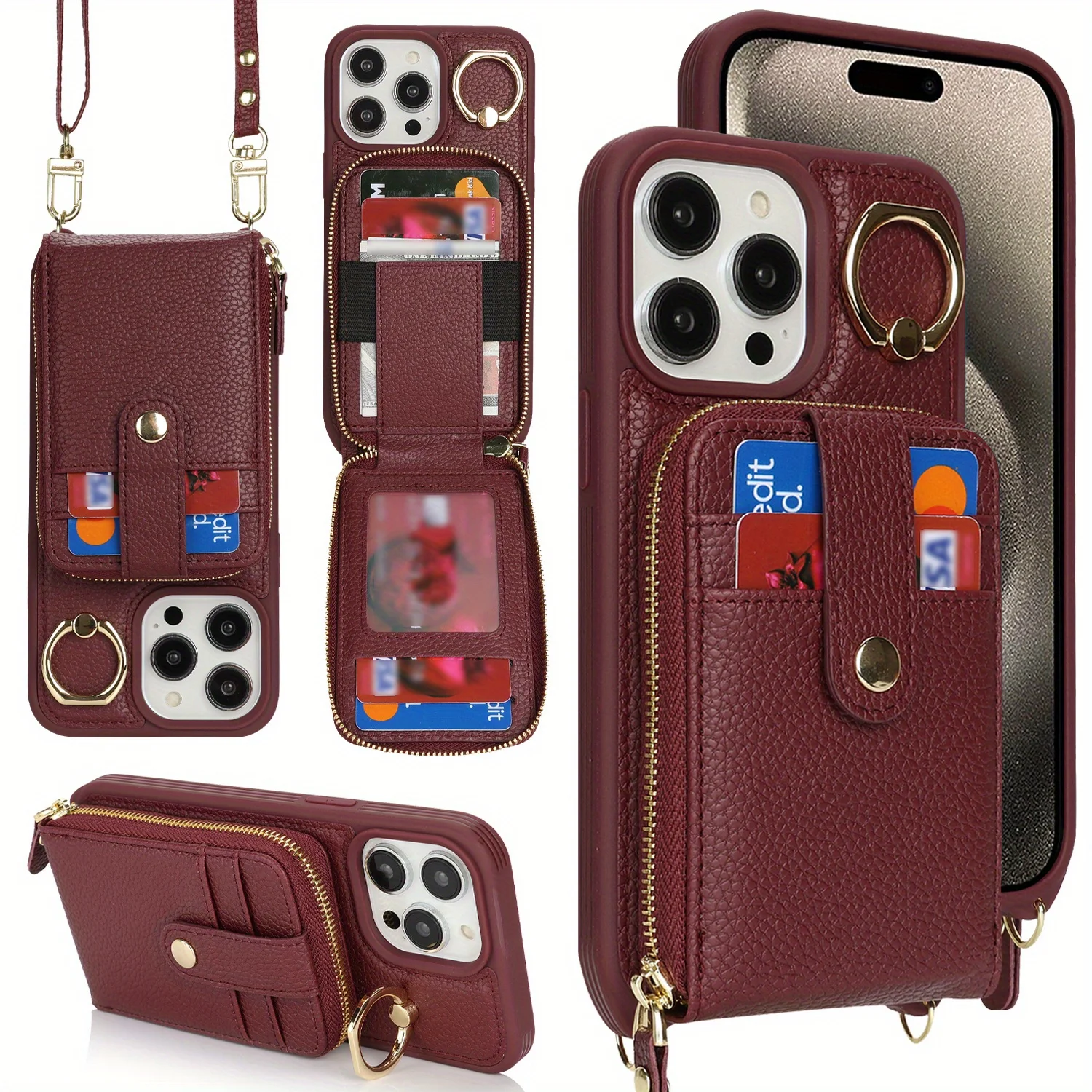 RFID Faux Leather Crossbody Zipper Wallet Phone Case with Large Card Slot Capacity