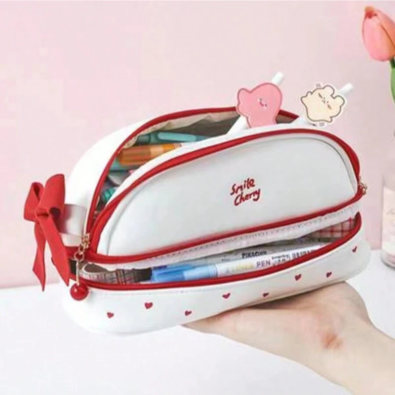 Cute Strawberry Love Pen Bag for Cool Girl PU Easy to Clean Butterfly Knot Stationery Storage Bag Birthday Gift Pen 1pc