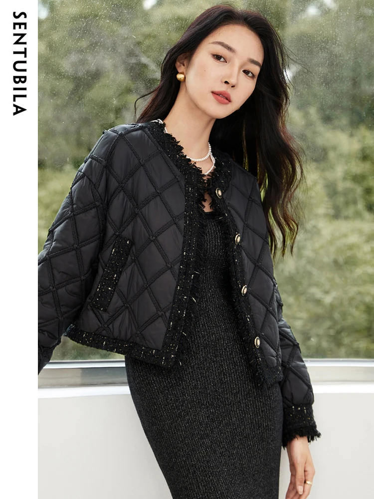 

SENTUBILA Winter Tassel Black Parkas Jackets for Women 2023 Patchwork Crop Cotton Padded Jacket Button Warm Outwear W34M51352