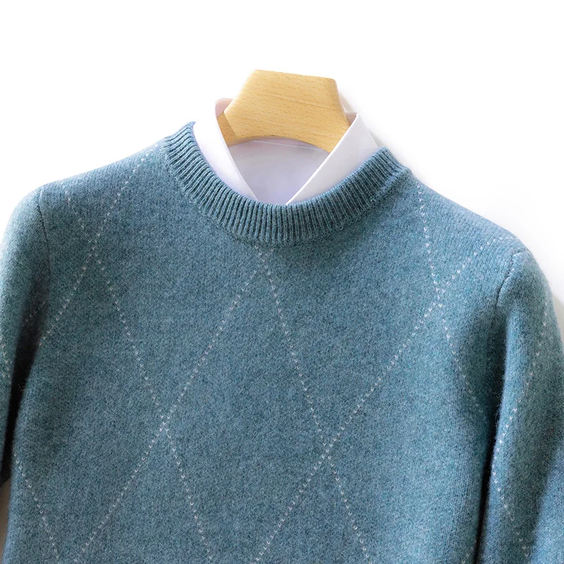 Men 100% Pure Cashmere Wool Soft Sweater O-neck Diamond Jacquard Pullover Autumn Winter Casual Thick Basis Jumper Large Size Top 4