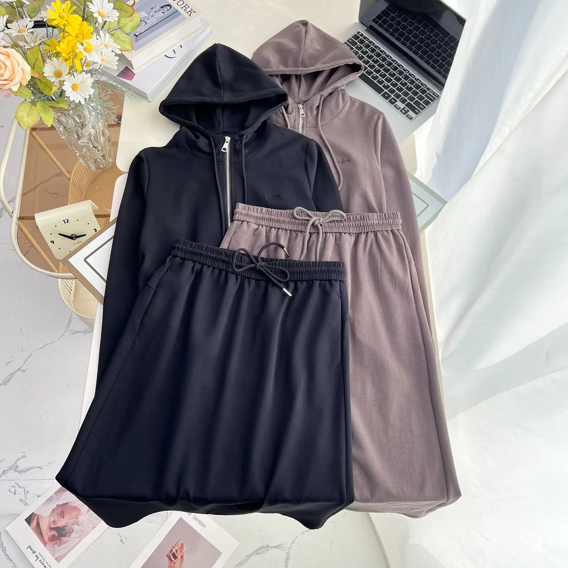 XXXXL Fashion Plus Size Women's Set Autumn New Clothing Casual Hooded Zipper Jacket And Skirt Two Pieces Set