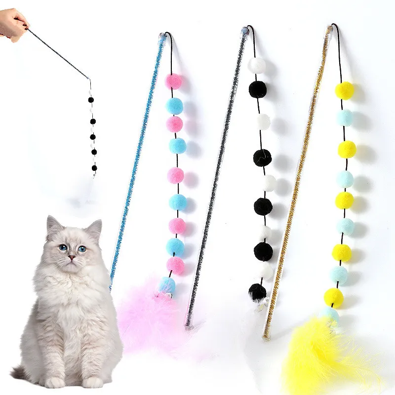 Cat Toy Pompom Cat Toys Interactive Feather Toys for Cats Teasing Durable Cats Toy Playing Stick