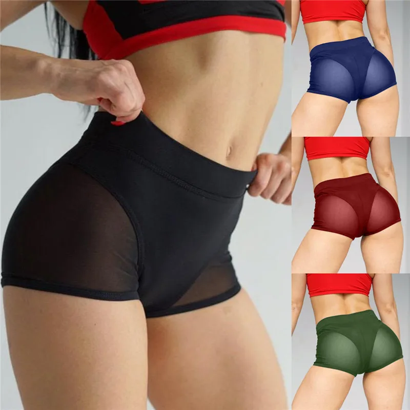 

Women Sexy High Waist Workout Fitness Shorts Female Dance Shorts See-Through Mesh Patchwork Personality Pole Dancing Clubwear