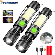 

Portable LED Flashlight Magnetic Super Bright Rechargeable LED Torch with COB Sidelight a Pocket Clip Zoomable Emergency Lamp