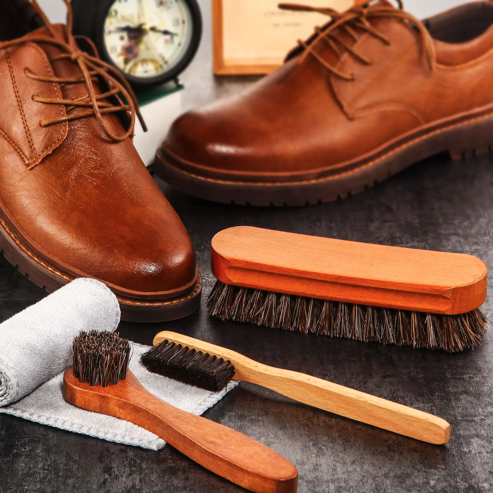 Horsehair Gloss shoe brush Kit Polishing Applicator Clean shoe Boot care brush Suede cleaning brushCar interior detail cleaning 6