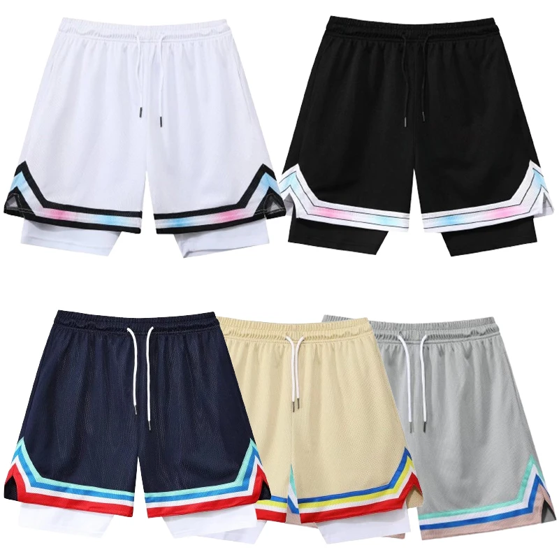 Fake Two Basketball Shorts Men American Shorts Summer Compression Training Running Quick-Drying Sport Five-point