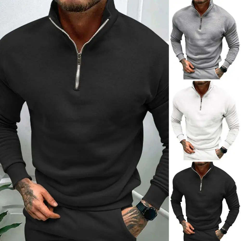 

Men Sweater Zip Half-open Neckline Sweater Men's Stand Collar Pullover with Neck Protection Elastic Cuff Slim Fit Warm Winter