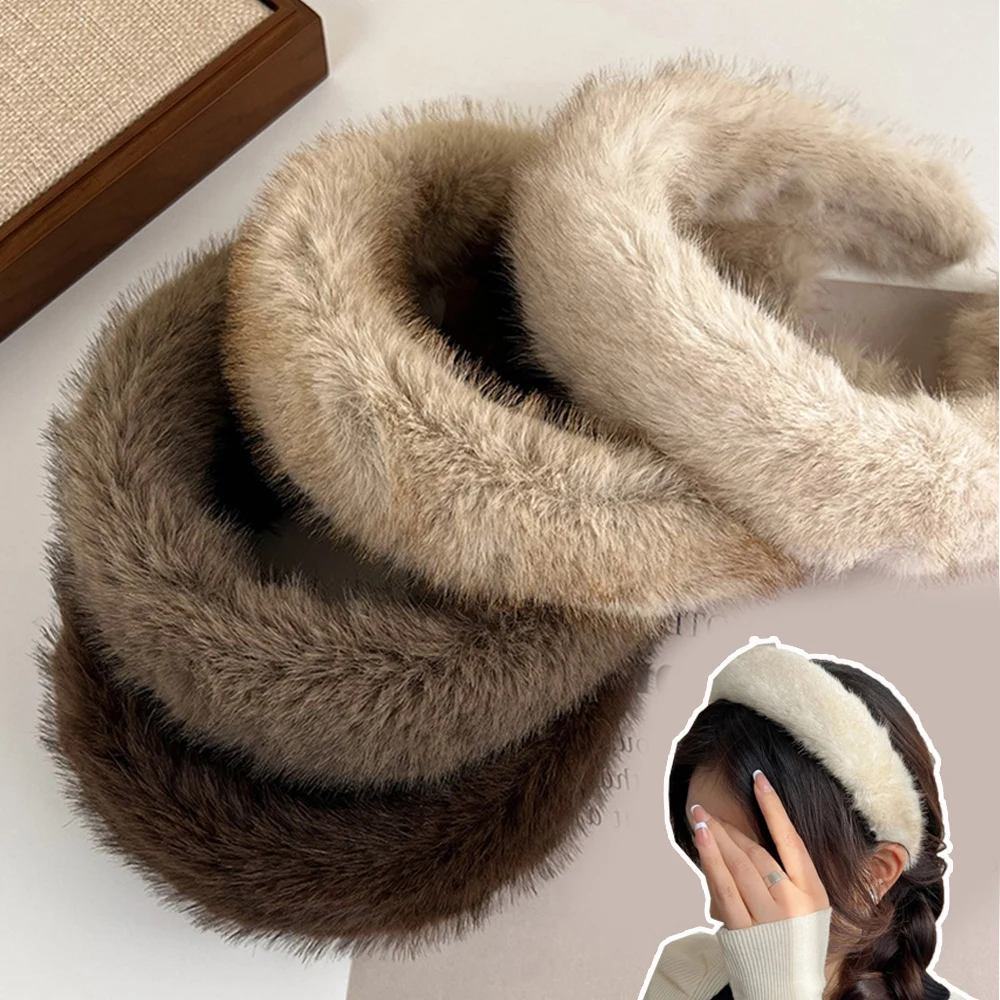 

Ободок для волос из искусственного меха норки и плюша, аксессуар на голову из искусственного меха, утолщенная широкая пушистая повязка для волос