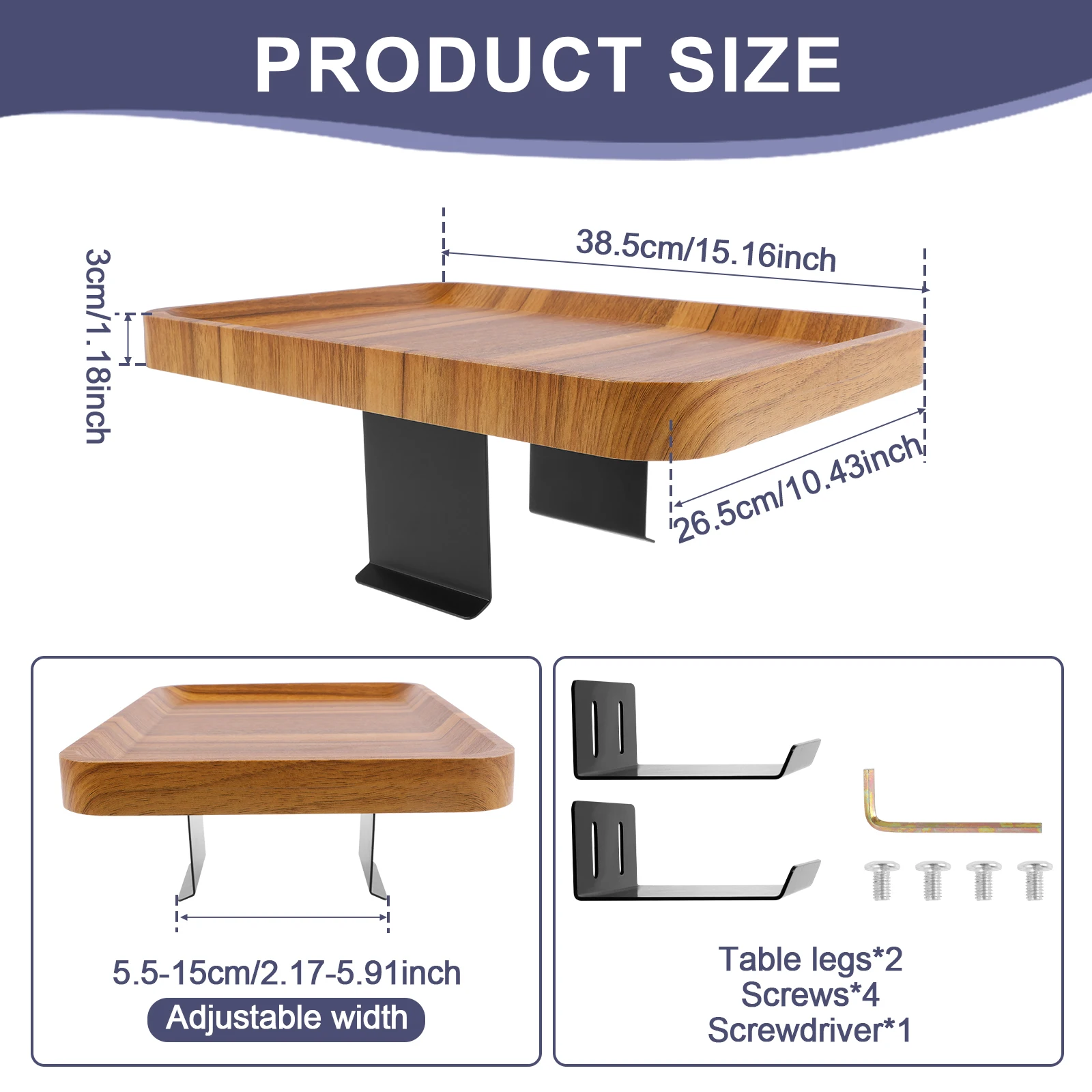 Sofa Armrest Wood Tray 5.5-15cm Width Adjustable Couch Arm Table Multifunctional Arm Chair Table Tray for Drinks Snacks Fruit