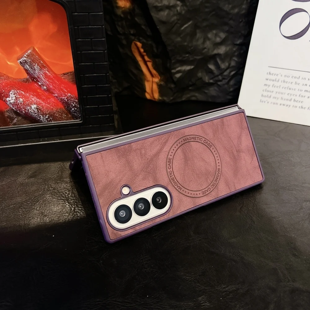 Magnetic Wireless Charging Leather Patterned Phone Case with Silicone Soft Bumper Cover