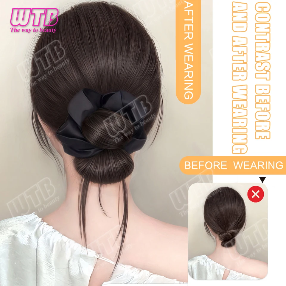 검정색 헤어 액세서리 번 헤어피스, 합성 가발 클립 스타일 스트레이트 헤어 번 가발, 끝부분이 있는 헤어피스, 여성의 일상 착용 및 휴일에 적합