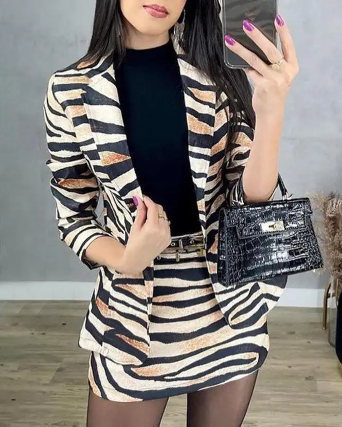 Women Fashion Skirt Set 2024 Latest Elegant Notched Collar Zebra Stripe Printed Long Sleeved Skinny Work Suit Coat and Skirt Set