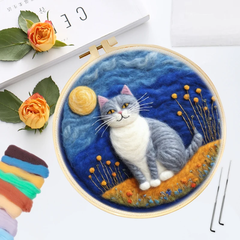 CHENISTORY Wool Felt Kit With Frame Felting Needles Cat And Fox Wool Craft Set Beginners DIY Handwork Felting Painting