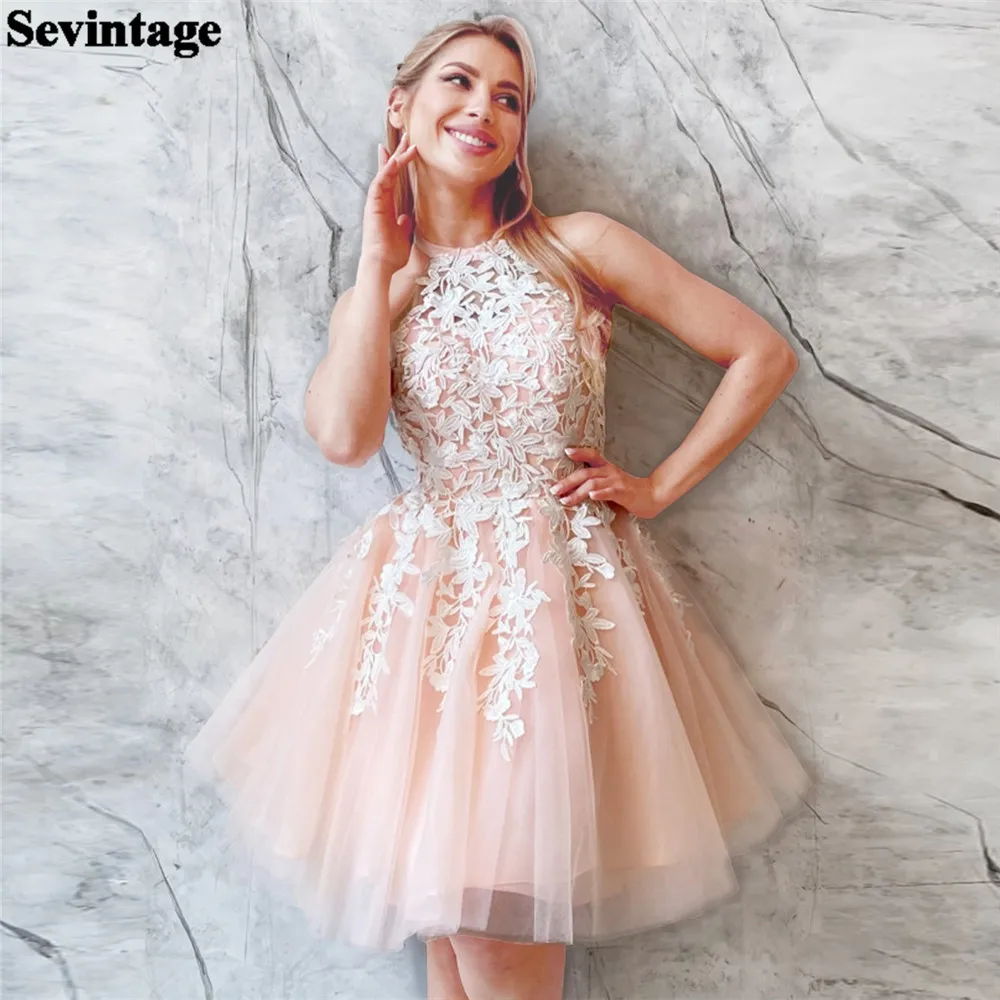 

Sevintage Fairy Baby Pink Prom Dresses Halter Above Knee Appliques Pleat Ruched Homecoming Dresses vestidos de graduación 2023