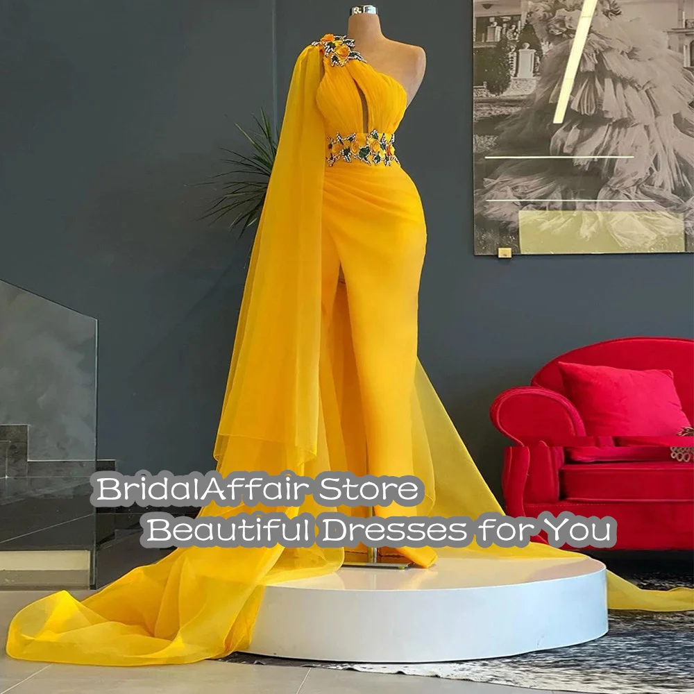 BridalAffair High Quality Yellow Prom Dress One Shoulder Appliques Slit Tulle Plus Size Women Long Formal Party Evening Gowns