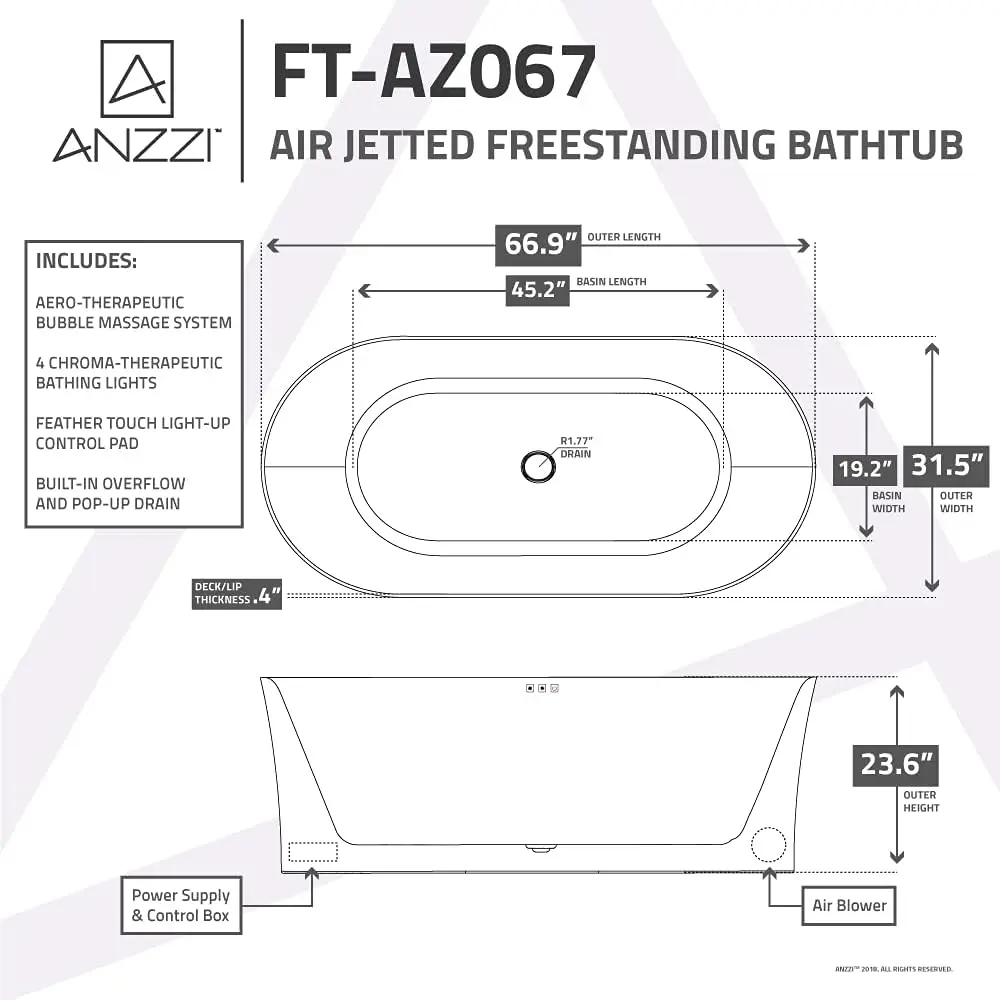67" Freestanding Jetted Bathtub White Acrylic Air Jetted Free standing Bath tub Jerico Series Soaking Tub, Drain and Overflow
