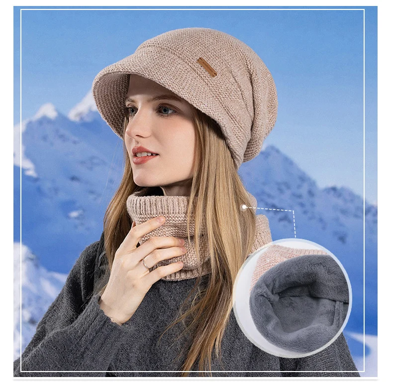 CHRLCK Bonnet Chapeaux Ensemble Femmes Chaud Tricoté Crâne Cap Cou Plus Chaud Épaissir Fourrure Doublé Dame Hiver Chapeau Masque Écharpe_voghion.com